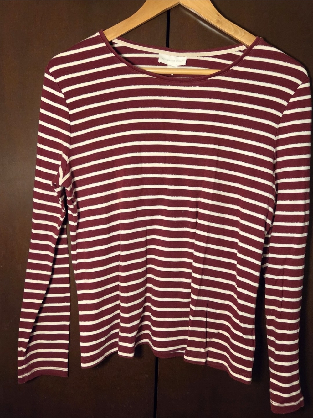 Burgundy and White Striped Long-Sleeve Crew Neck Top Women Size Large